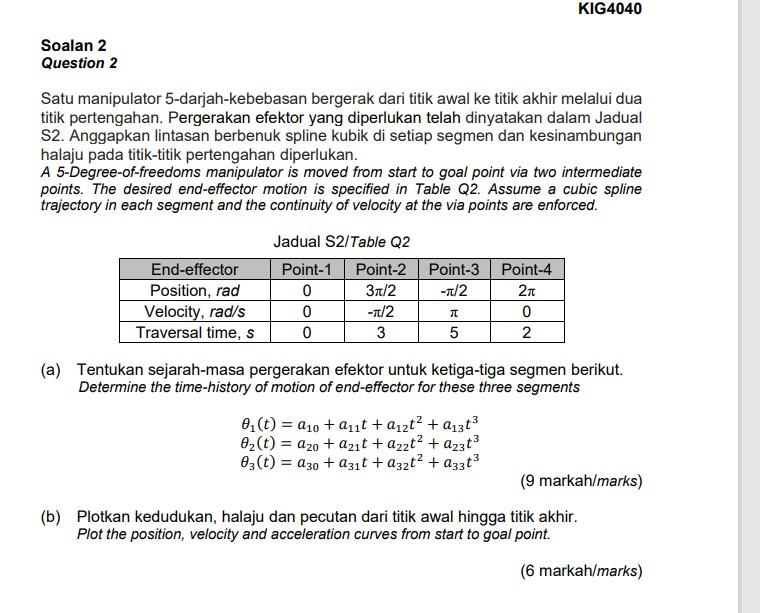 Soalan 2 Question 2 Satu Manipulator 5 Darjah Kebebasan Bergerak Dari Titik Awal Ke Titik Akhir Melalui Dua Titik Perten 1