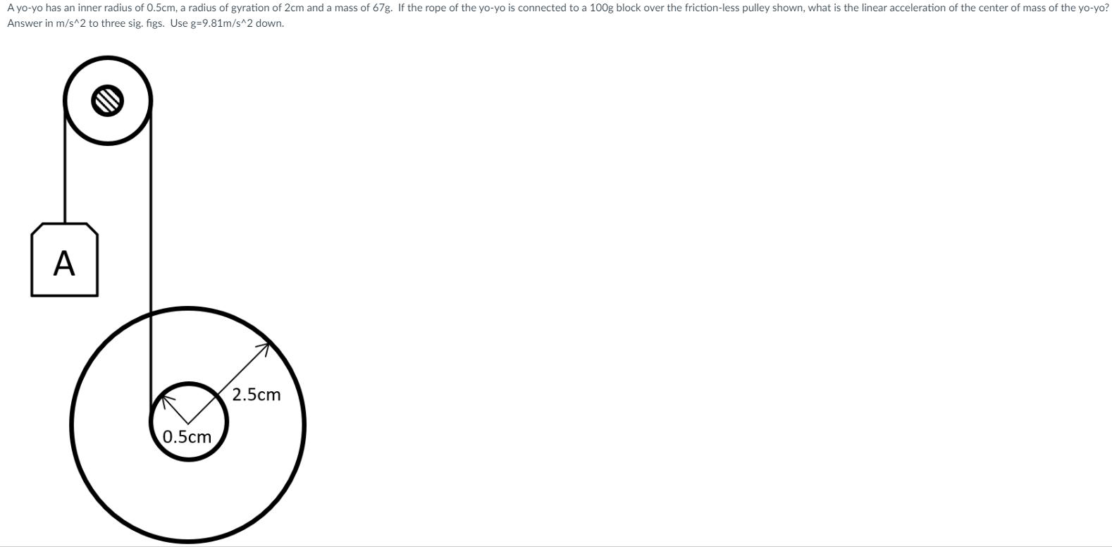 A Yo Yo Has An Inner Radius Of 0 5cm A Radius Of Gyration Of 2cm And A Mass Of 67g If The Rope Of The Yo Yo Is Connect 1