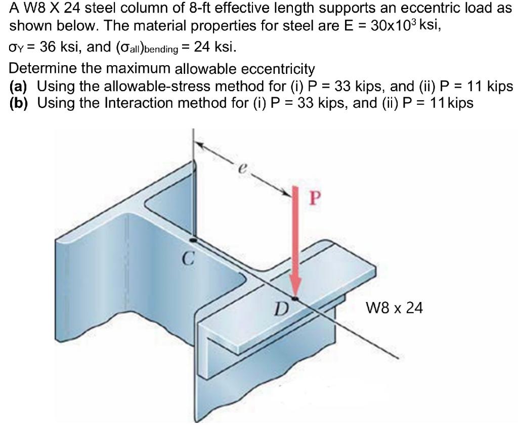 A W8 X 24 Steel Column Of 8 Ft Effective Length Supports An Eccentric Load As Shown Below The Material Properties For S 1
