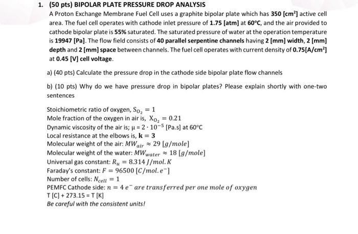 1 50 Pts Bipolar Plate Pressure Drop Analysis A Proton Exchange Membrane Fuel Cell Uses A Graphite Bipolar Plate Whic 1