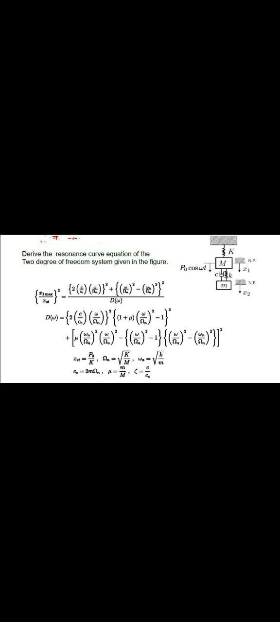 Derive The Resonance Curve Equation Of The Two Degree Of Freedom System Given In The Figure Po Cos Wt Fat K Ce 2m 1