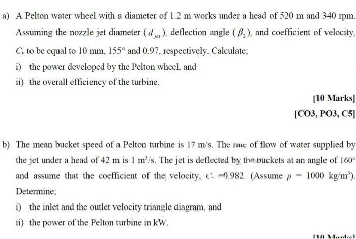 A A Pelton Water Wheel With A Diameter Of 1 2 M Works Under A Head Of 520 M And 340 Rpm Assuming The Nozzle Jet Diamet 1