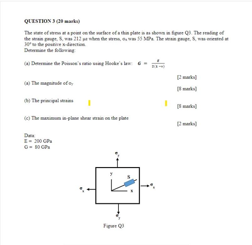 Question 3 20 Marks The State Of Stress At A Point On The Surface Of A Thin Plate Is As Shown In Figure Q3 The Readin 1