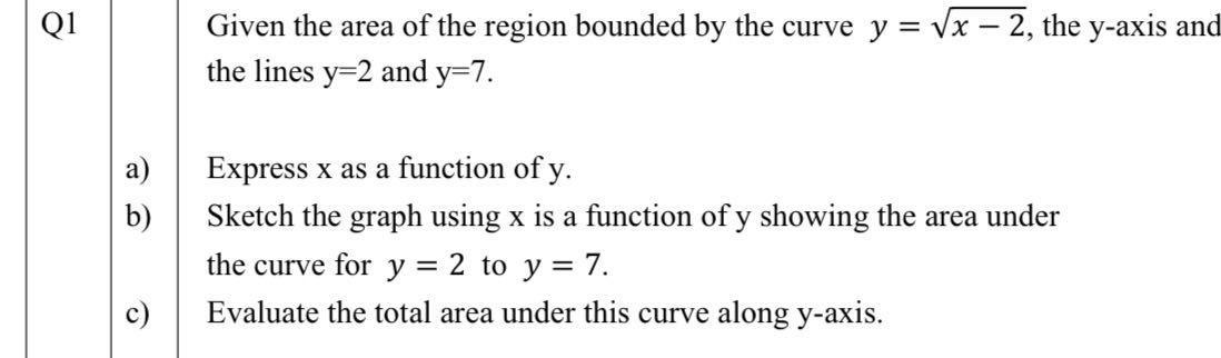 A B C Given The Area Of The Region Bounded By The Curve Y X 2 The Y Axis And The Lines Y 2 And Y 7 Express X 1
