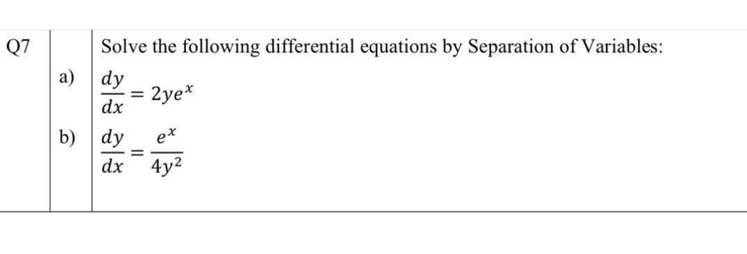 Q7 A Solve The Following Differential Equations By Separation Of Variables Dy Dx B Dy Dx 2ye Ex 4y 1