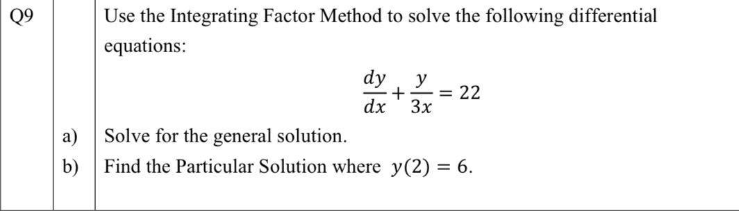 Use The Integrating Factor Method To Solve The Following Differential Equations Dy Y Dx 3x 22 A Solve For The Gene 1
