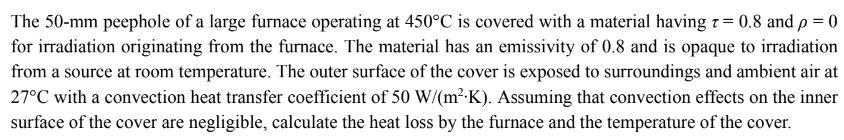 The 50 Mm Peephole Of A Large Furnace Operating At 450 C Is Covered With A Material Having T 0 8 And P 0 For Irradiat 1