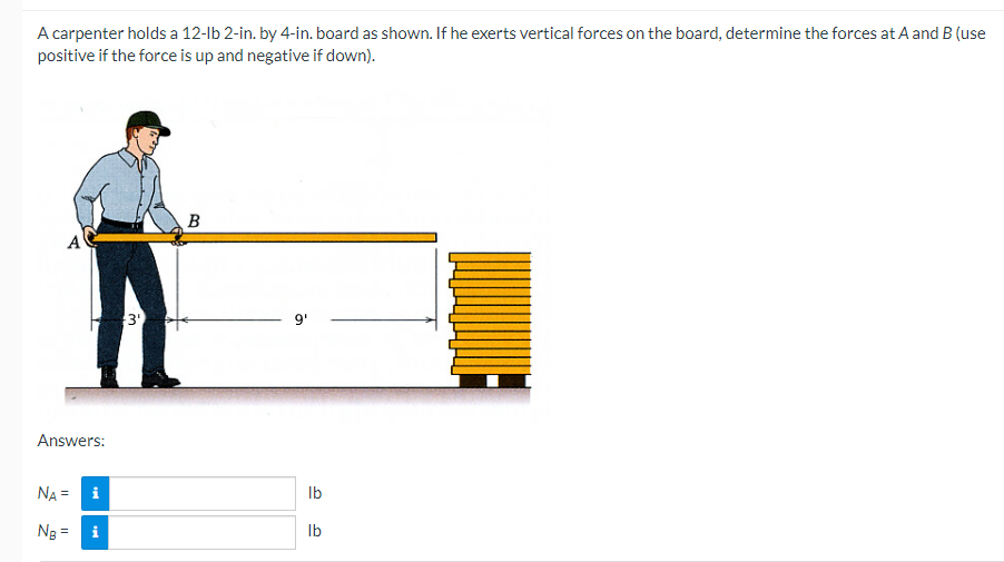 A Carpenter Holds A 12 Lb 2 In By 4 In Board As Shown If He Exerts Vertical Forces On The Board Determine The Forces 1