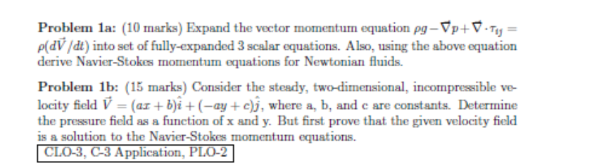 Problem 1a 10 Marks Expand The Vector Momentum Equation Pg Vp V Ty P Dv Dt Into Set Of Fully Expanded 3 Scalar Equ 1