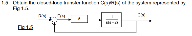 1 5 Obtain The Closed Loop Transfer Function C S R S Of The System Represented By Fig 1 5 Fig 1 5 R S E S 5 1 S S 2 1