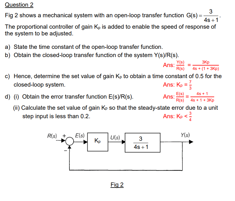 Question 2 3 Fig 2 Shows A Mechanical System With An Open Loop Transfer Function G S 4s 1 The Proportional Controlle 1