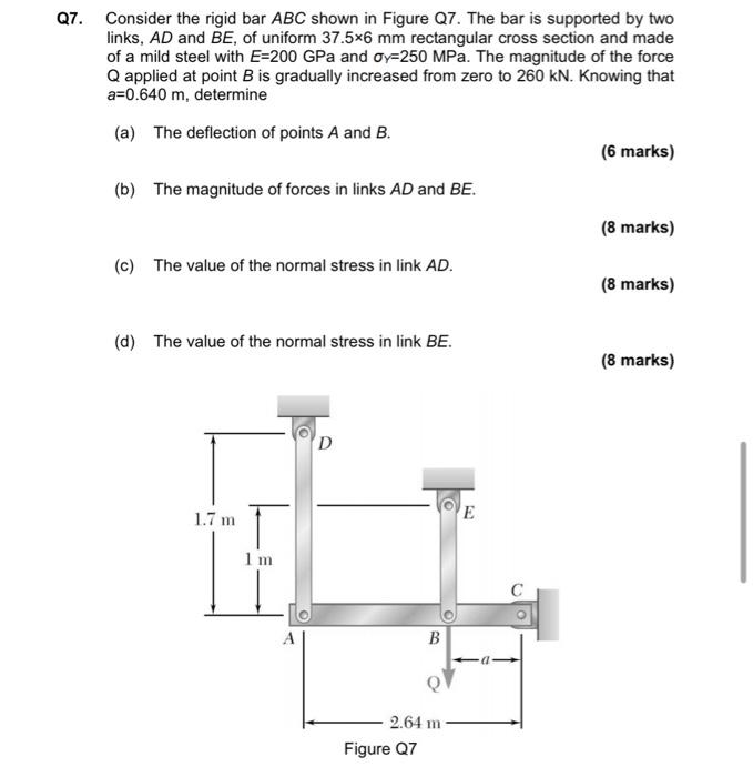 Q7 Consider The Rigid Bar Abc Shown In Figure Q7 The Bar Is Supported By Two Links Ad And Be Of Uniform 37 5x6 Mm Re 1