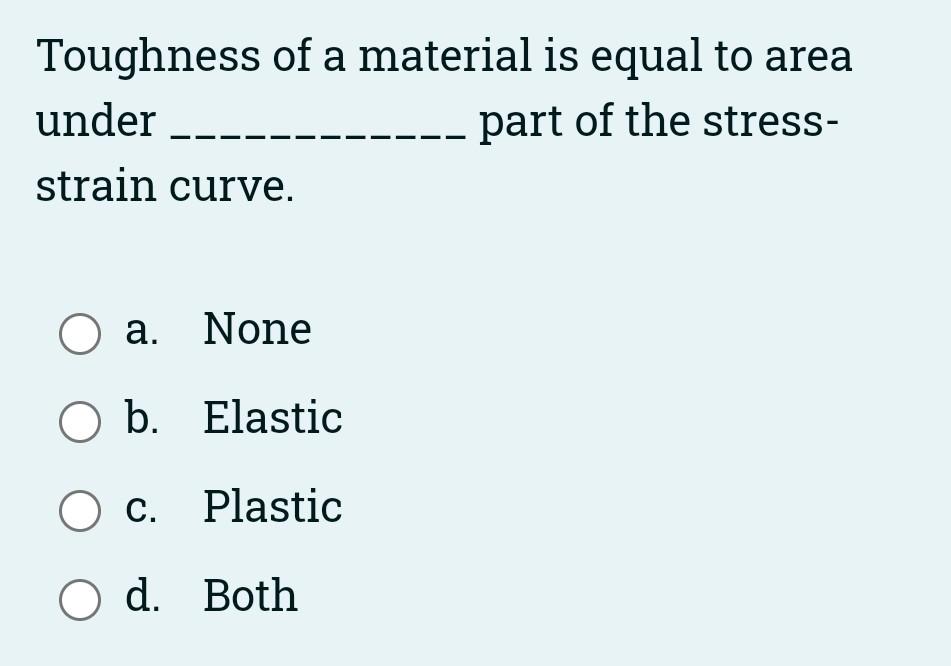 Toughness Of A Material Is Equal To Area Part Of The Stress Under Strain Curve O A None O B Elastic O C Plastic O D 2