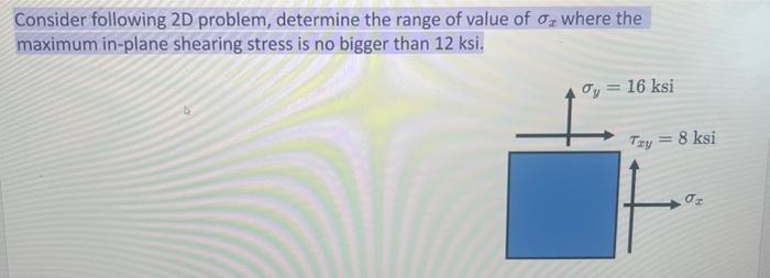 Consider Following 2d Problem Determine The Range Of Value Of Where The Maximum In Plane Shearing Stress Is No Bigger T 1