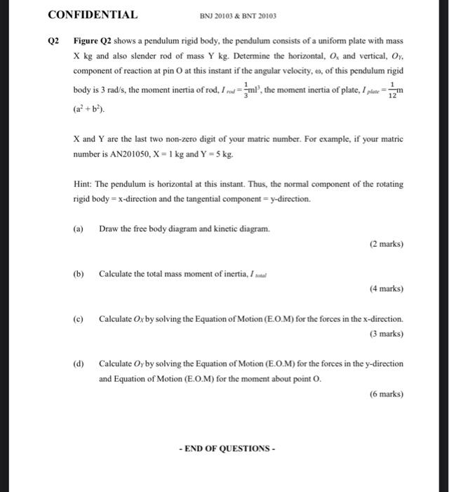 Confidential Q2 Figure Q2 Shows A Pendulum Rigid Body The Pendulum Consists Of A Uniform Plate With Mass X Kg And Also 2
