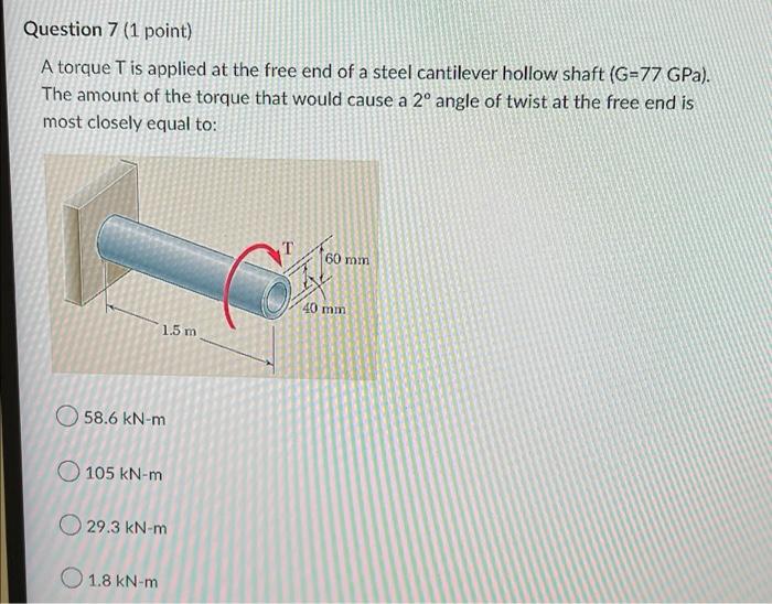 Question 7 1 Point A Torque T Is Applied At The Free End Of A Steel Cantilever Hollow Shaft G 77 Gpa The Amount Of 1