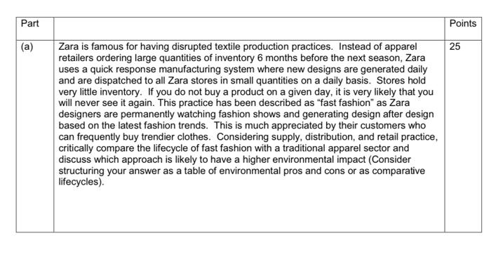 Part A Zara Is Famous For Having Disrupted Textile Production Practices Instead Of Apparel Retailers Ordering Large Q 1