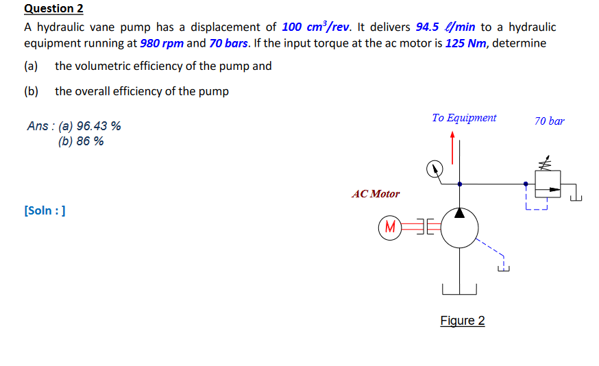 Question 2 A Hydraulic Vane Pump Has A Displacement Of 100 Cm Rev It Delivers 94 5 L Min To A Hydraulic Equipment Runn 1