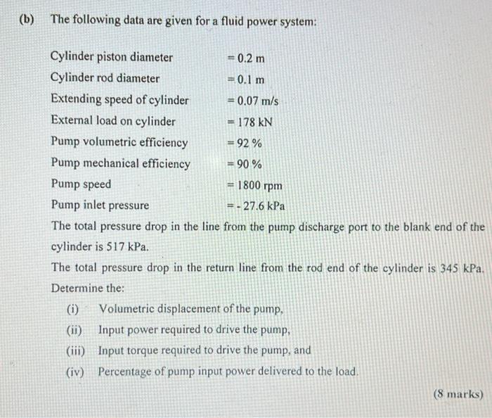 B The Following Data Are Given For A Fluid Power System Cylinder Piston Diameter Cylinder Rod Diameter Extending Spee 1