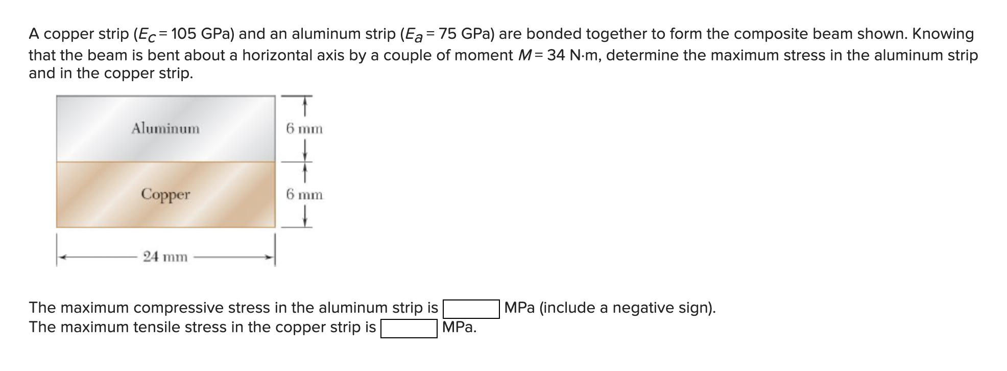 A Copper Strip Ec 105 Gpa And An Aluminum Strip Ea 75 Gpa Are Bonded Together To Form The Composite Beam Shown K 1