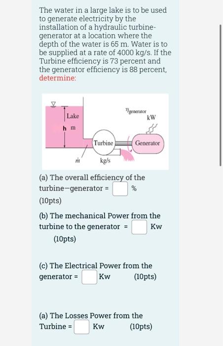 The Water In A Large Lake Is To Be Used To Generate Electricity By The Installation Of A Hydraulic Turbine Generator At 1