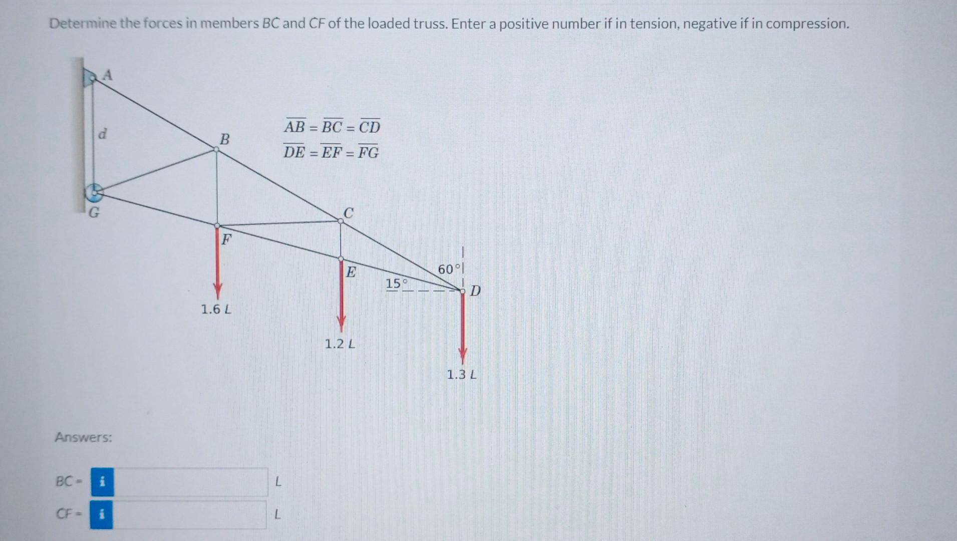 Determine The Forces In Members Bc And Cf Of The Loaded Truss Enter A Positive Number If In Tension Negative If In Com 1