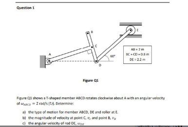 Question 1 Figure Q1 60 Ab 2m Bc Cd 0 8m De 22m Figure Q1 Shows A T Shaped Member Abcd Rotates Clockwise About A With 1