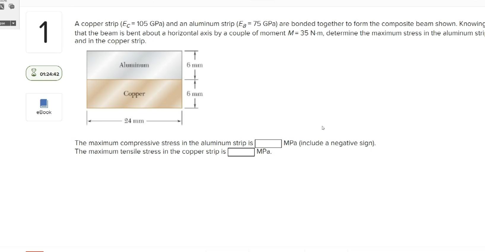Pse 1 A Copper Strip Ec 105 Gpa And An Aluminum Strip Ea 75 Gpa Are Bonded Together To Form The Composite Beam Sho 1