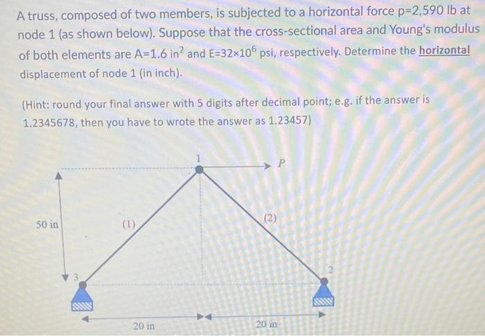 A Truss Composed Of Two Members Is Subjected To A Horizontal Force P 2 590 Lb At Node 1 As Shown Below Suppose That 1