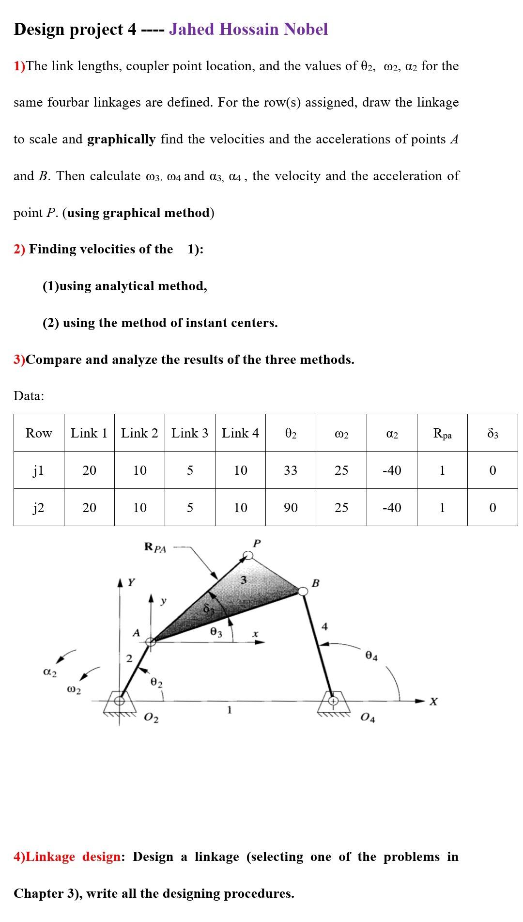 Design Project 4 Jahed Hossain Nobel 1 The Link Lengths Coupler Point Location And The Values Of 02 002 A2 For The S 1
