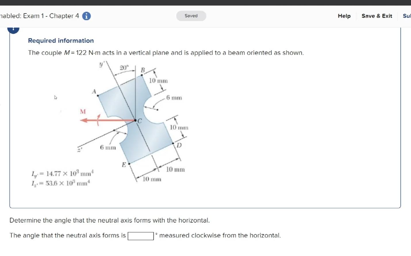 Mabled Exam 1 Chapter 4 Required Information The Couple M 122 N M Acts In A Vertical Plane And Is Applied To A Beam 1