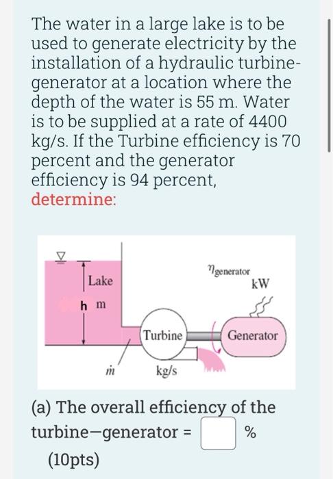 The Water In A Large Lake Is To Be Used To Generate Electricity By The Installation Of A Hydraulic Turbine Generator At 1