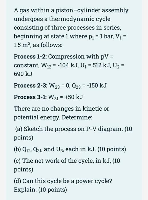 A Gas Within A Piston Cylinder Assembly Undergoes A Thermodynamic Cycle Consisting Of Three Processes In Series Beginni 1