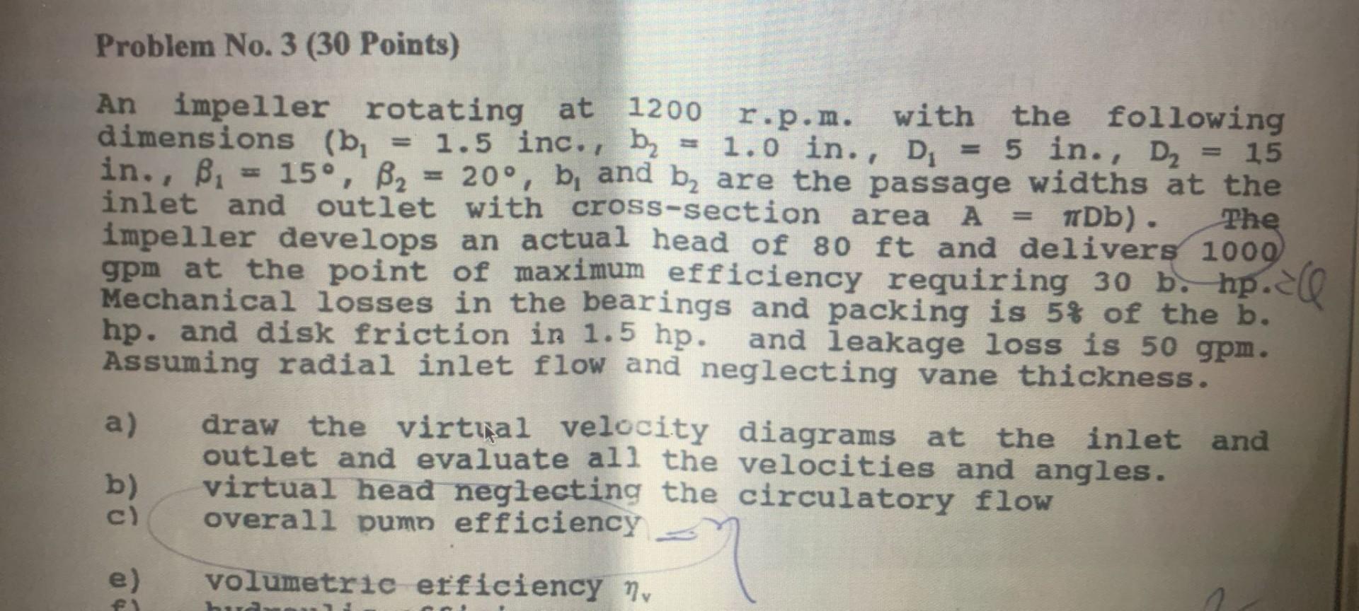 Problem No 3 30 Points And An Impeller Rotating At 1200 R P M With The Following Dimensions B 1 5 Inc B 1 0 1