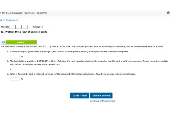 H 10 Cc Homework From Eoc Problems Ck To Assignment Attempts Average 3 13 Problem 10 16 Cost Of Common Equity E 1