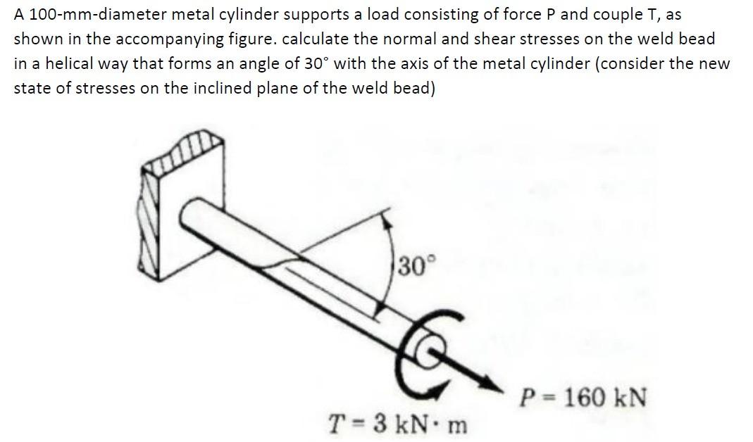 A 100 Mm Diameter Metal Cylinder Supports A Load Consisting Of Force P And Couple T As Shown In The Accompanying Figure 1
