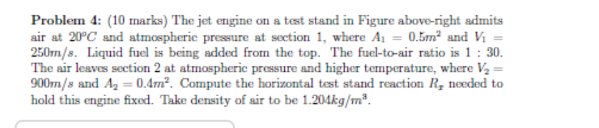 Problem 4 10 Marks The Jet Engine On A Test Stand In Figure Above Right Admits Air At 20 C And Atmospheric Pressure A 1