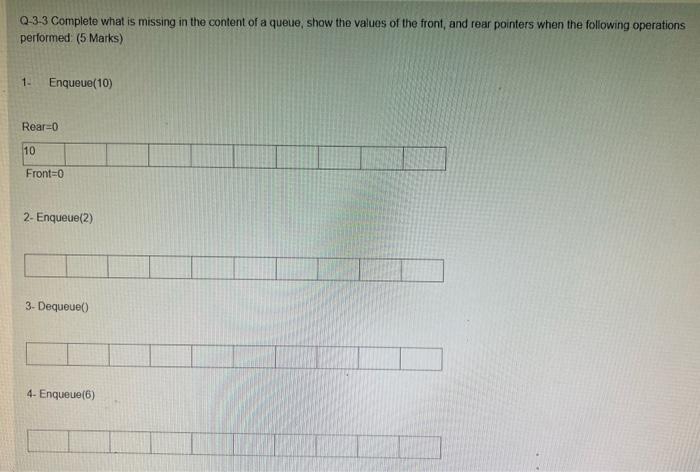 Q 3 3 Complete What Is Missing In The Content Of A Queue Show The Values Of The Front And Rear Pointers When The Follo 1