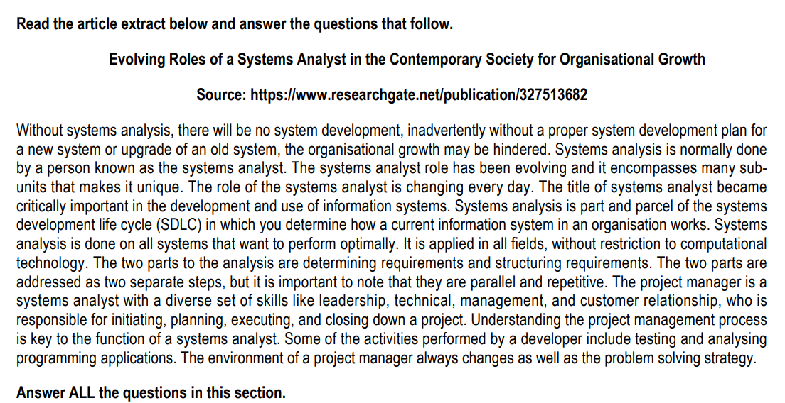 Read The Article Extract Below And Answer The Questions That Follow Evolving Roles Of A Systems Analyst In The Contempo 1