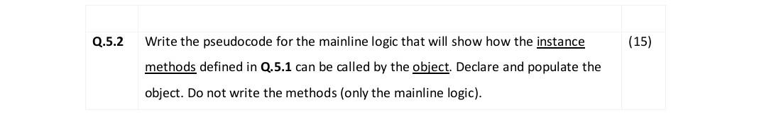 Q 5 2 Write The Pseudocode For The Mainline Logic That Will Show How The Instance Methods Defined In Q 5 1 Can Be Called 1
