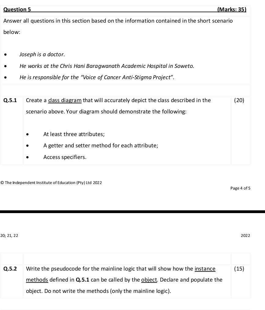 Question 5 Marks 35 Answer All Questions In This Section Based On The Information Contained In The Short Scenario Bel 1