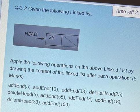 Q 3 2 Given The Following Linked List Head 25 Time Left 2 Apply The Following Operations On The Above Linked List By Dr 1