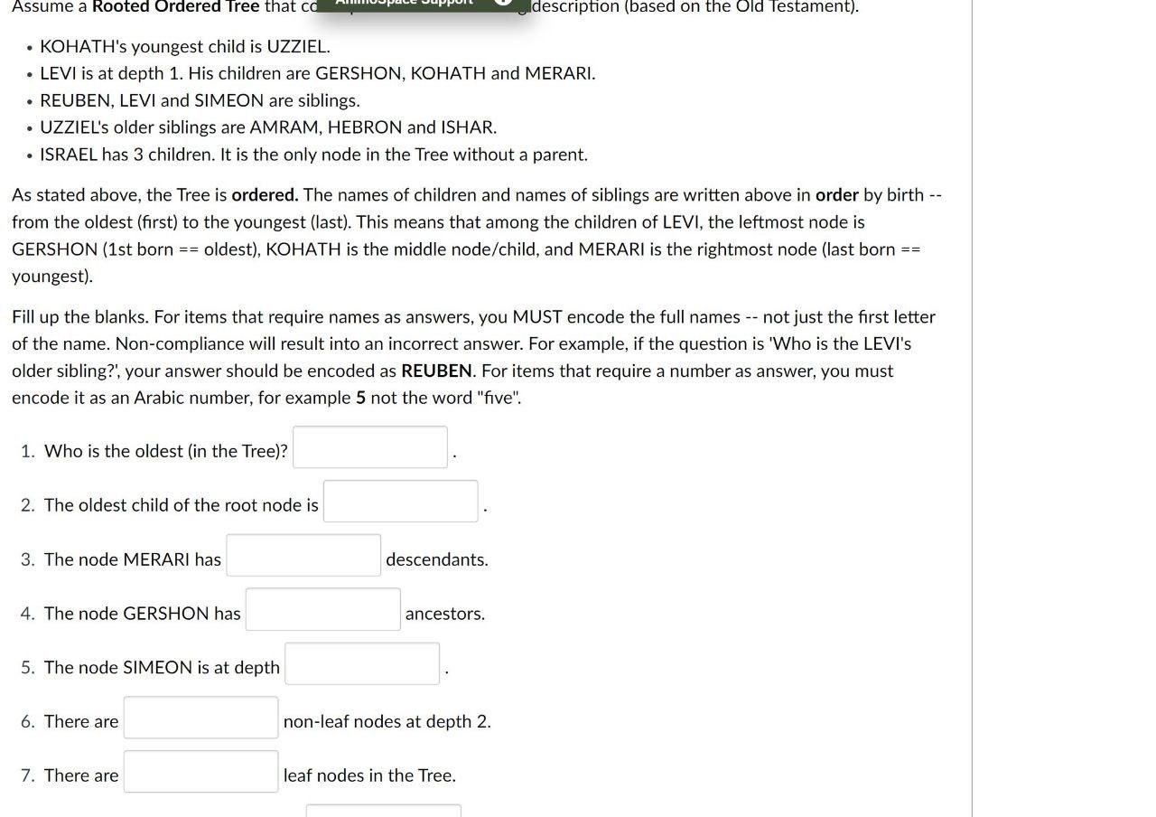 Assume A Rooted Ordered Tree That Cd Kohath S Youngest Child Is Uzziel Levi Is At Depth 1 His Children Are Gershon 1