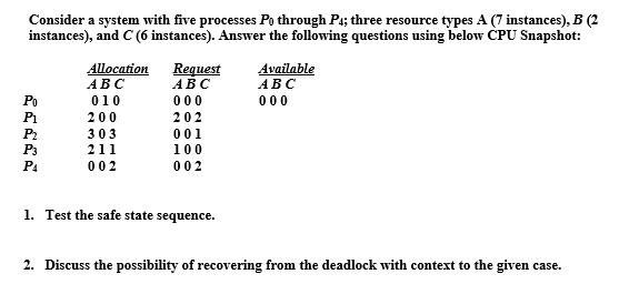 Consider A System With Five Processes Po Through P4 Three Resource Types A 7 Instances B 2 Instances And C 6 Ins 1