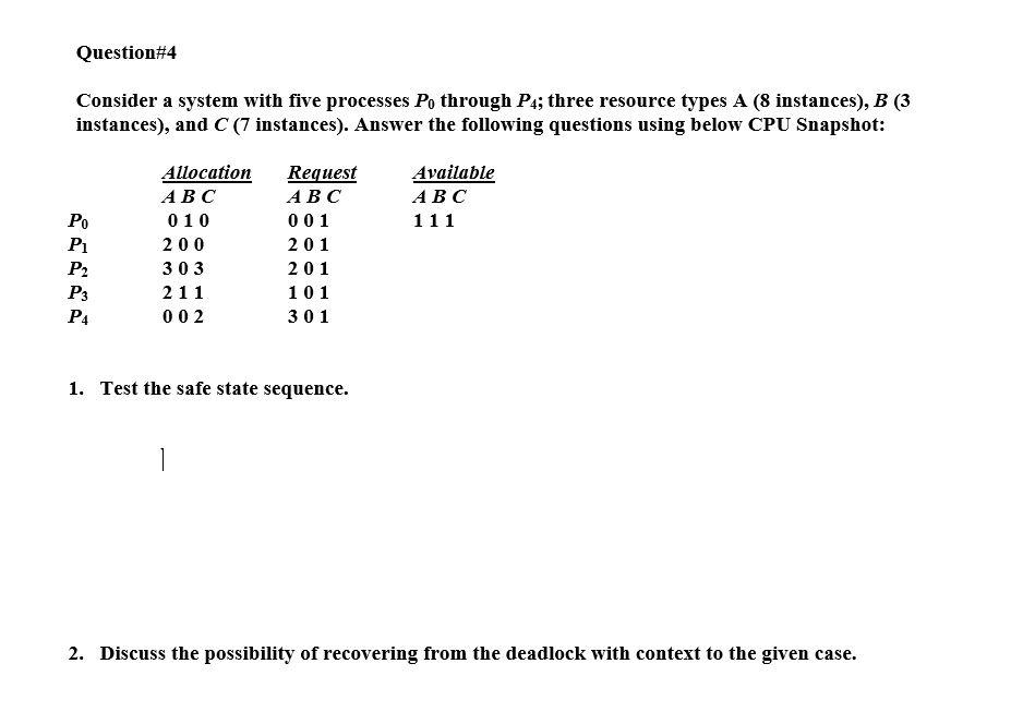 Question 4 Consider A System With Five Processes Po Through P4 Three Resource Types A 8 Instances B 3 Instances A 1