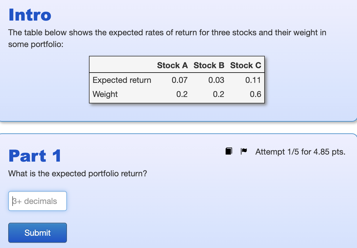Intro The Table Below Shows The Expected Rates Of Return For Three Stocks And Their Weight In Some Portfolio Stock A St 1