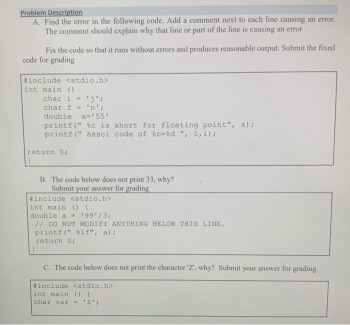 Problem Description A Find The Error In The Following Code Add A Comment Next To Each Line Causing An Error The Comme 1