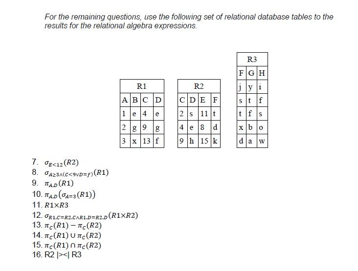 For The Remaining Questions Use The Following Set Of Relational Database Tables To The Results For The Relational Algeb 1