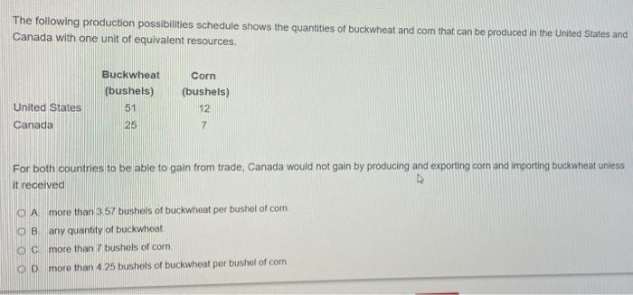 The Following Production Possibilities Schedule Shows The Quantities Of Buckwheat And Corn That Can Be Produced In The U 1