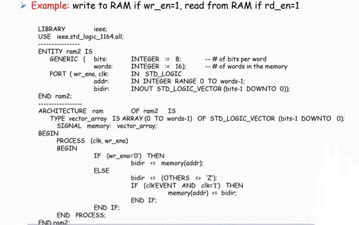 Example Write To Ram If Wr En 1 Read From Ram If Rd En 1 Library Ieee Use Ieee Std Logic 1164 All Entity Ram2 Is G 1